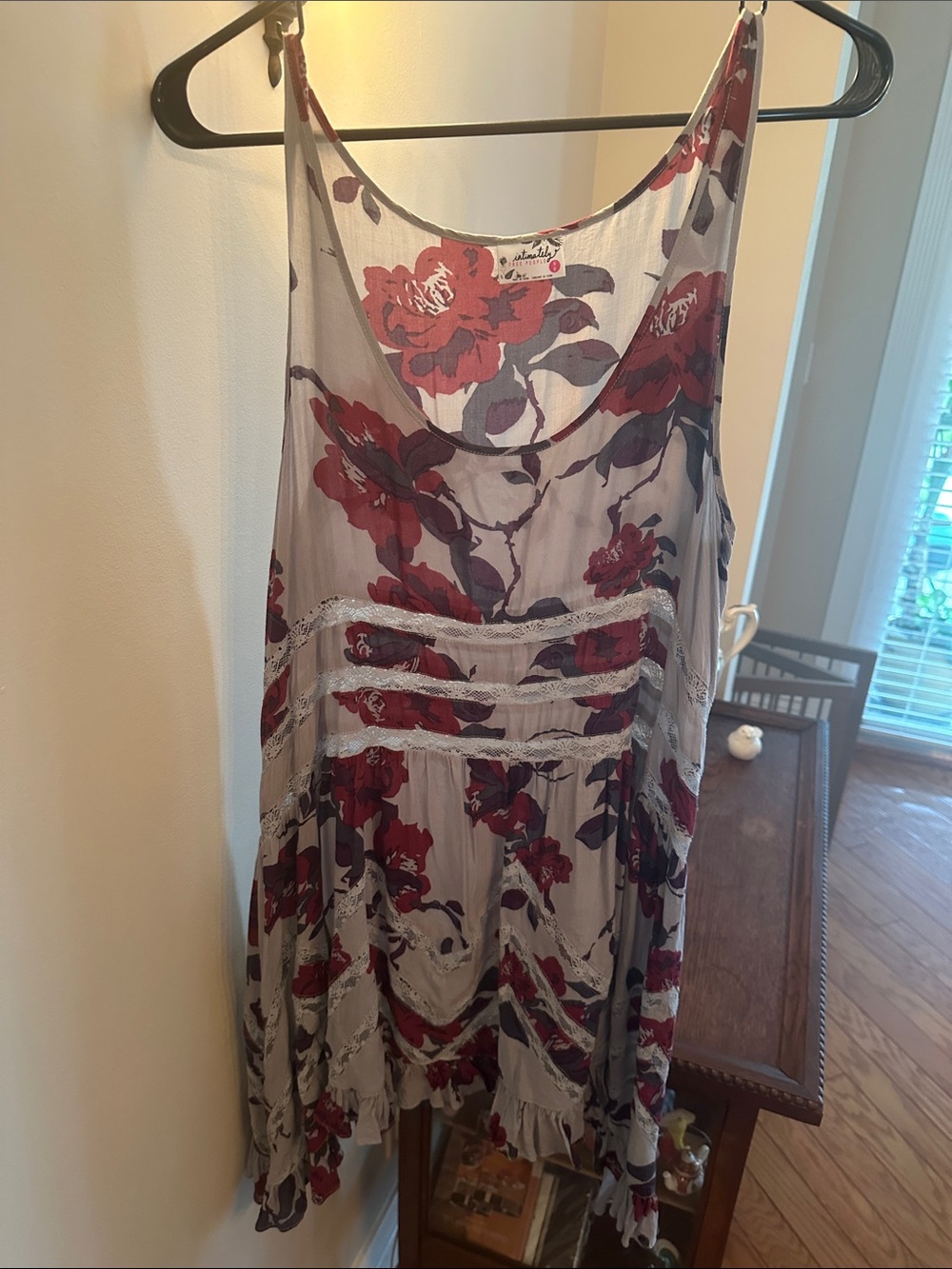 Free People Floral Lace-Trim Mini Dress in Gray and Red